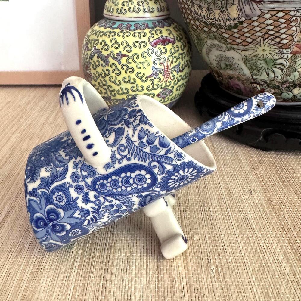 Vintage Chinoiserie Ceramic Salt Pig with Spoon β Salt Cellar Stoneware Crock